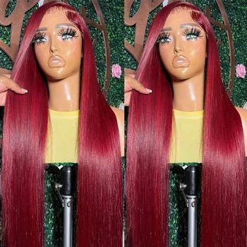 Бесклеевой парик с прямыми костями 7x5, натуральные волосы, готовые к носке, прозрачный 99J Бордовый парик с кружевами спереди, человеческие волосы для женщин, предварительно сшитые