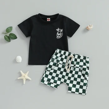 Летняя Одежда для маленьких мальчиков, повседневная футболка с принтом черепа с коротким рукавом и шорты в клетку, комплект одежды из 2 предметов