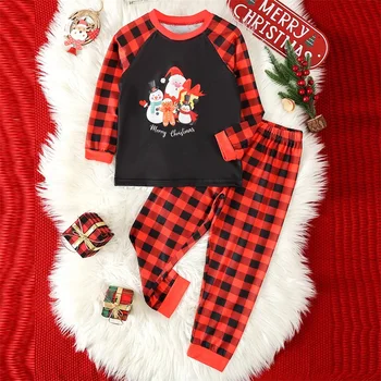Комплект детских рождественских пижам с принтом елки Санта-Клауса, топы с круглым вырезом и клетчатые брюки с принтом лося, пижамы