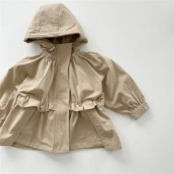 7371 Детская куртка 2023, Осеннее Новое пальто с капюшоном для девочек, однотонная куртка для мальчиков, Повседневный Свободный детский тренч с капюшоном от 1 до 7 лет