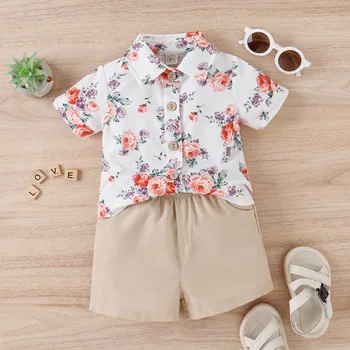 одежда Для маленьких мальчиков из 2 предметов, летняя рубашка с коротким рукавом, футболка с цветочным рисунком, брюки цвета хаки, Модные комплекты одежды из двух предметов