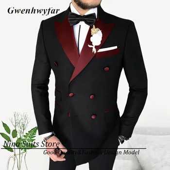 Мужские костюмы с лацканами Gwenhwyfar Бордового цвета 2022 Simple is Classic Серии Groomsmen Двубортный блейзер и брюки с 3 Карманами-клапанами